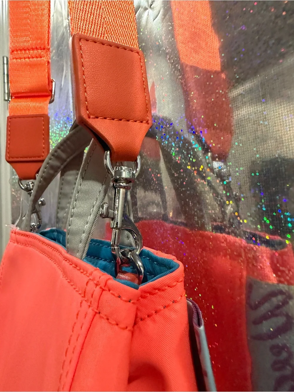 Edie Parker Neon Coral Mini Tote Crossbody Bag Orange Blue Nylon